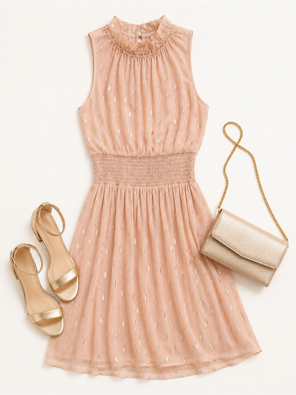 Rebecca Taylor Silk Metallic Clip Dot Smocked Mock Neck Blush Dress 4